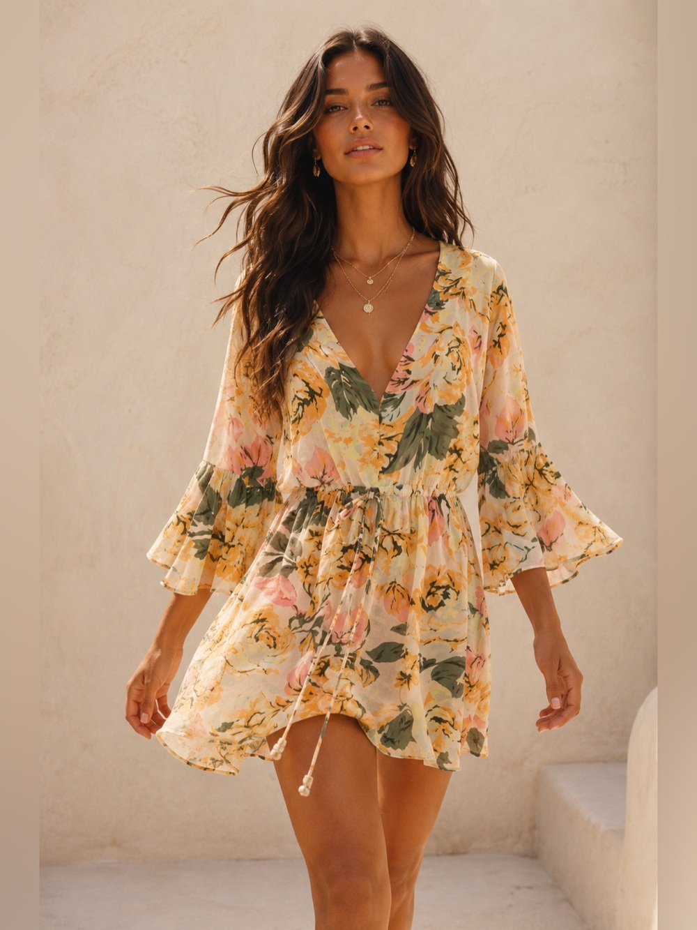 Floral Resort Mini Dress Boho Bell Sleeve Beach Vacation Cottagecore